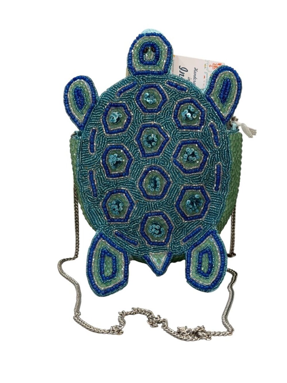Handcrafted in India Blue Green Turtle Beaded Sequin Crossbody Bag NWT